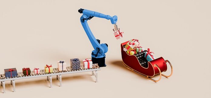 Robot arm putting wrapped gifts into a sleigh