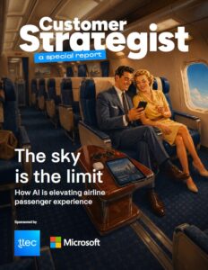 Vintage 50s illustration of a couple sitting on an airplane with modern tech all around them
