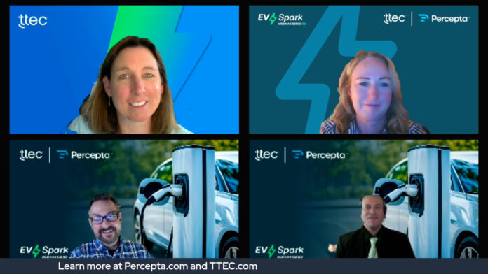 4 panel image of 4 people talking in a meeting. Headshots for each person.